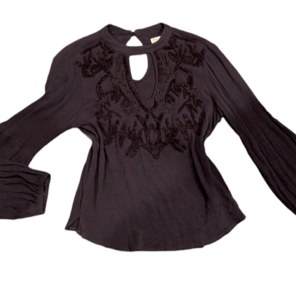 Vintage Havana Gauze Embroidered Bell Sleeve Cutout Top Sz‎ S Black #49B